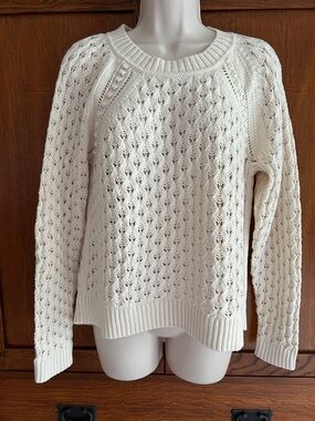 LOFT Women's Cream Open-Knit Crewneck Sweater, size large. LIKE NEW.